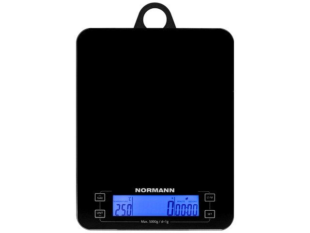Весы кухонные ASK-267 NORMANN (5 кг; стекло 3 мм; термометр; часы; таймер; дисплей 95х25 мм с подсветкой; подвес)