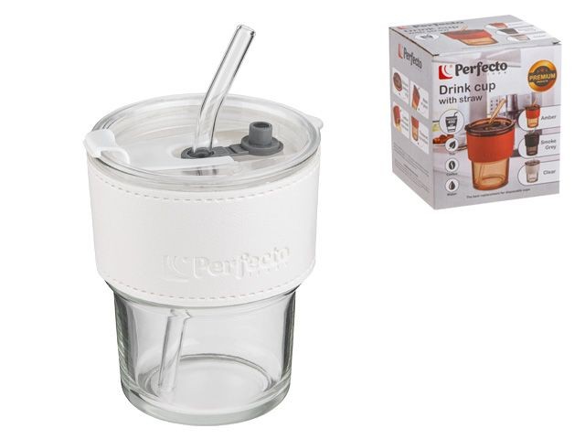 Стакан стеклянный для напитков с трубочкой и кожаным кейсом, 400 мл, Clear, PERFECTO LINEA (31-400301)